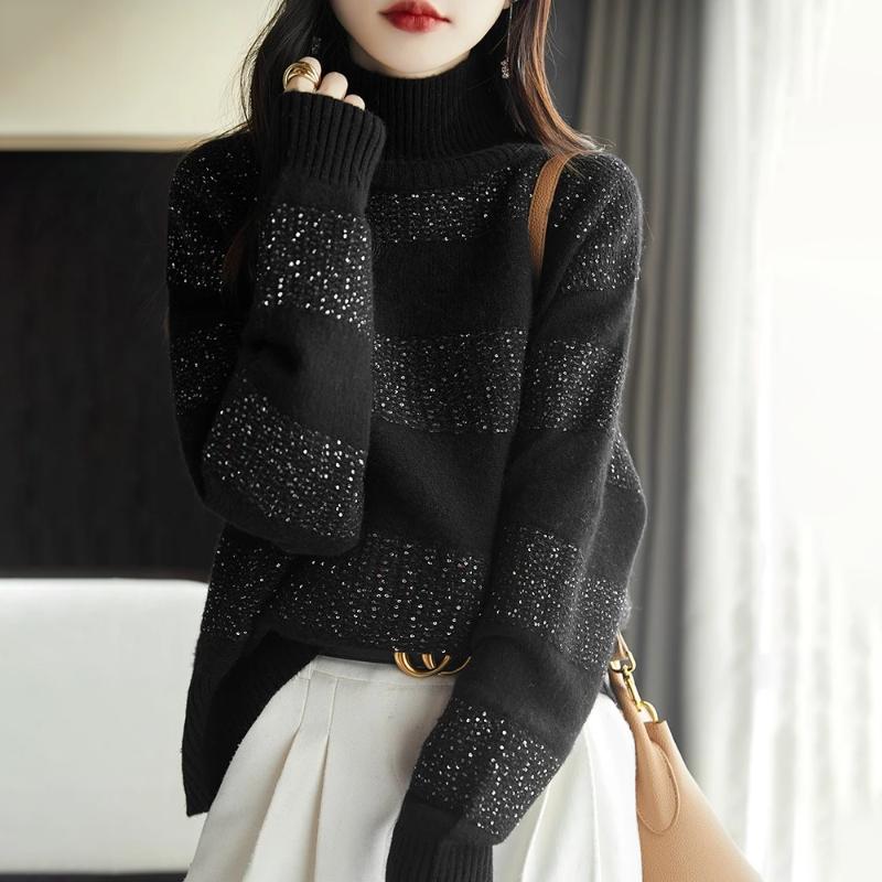 Sweater for Women Autumn Winter Thickened Pullover Warm Knitted Striped Layer Stretchy Long Sleeve Jumper Tops