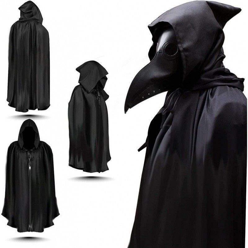 Hooded Plague Doctor Costume Set: Mask, Cloak, Pointed Hat, Bird Beak for Halloween and Cosplay