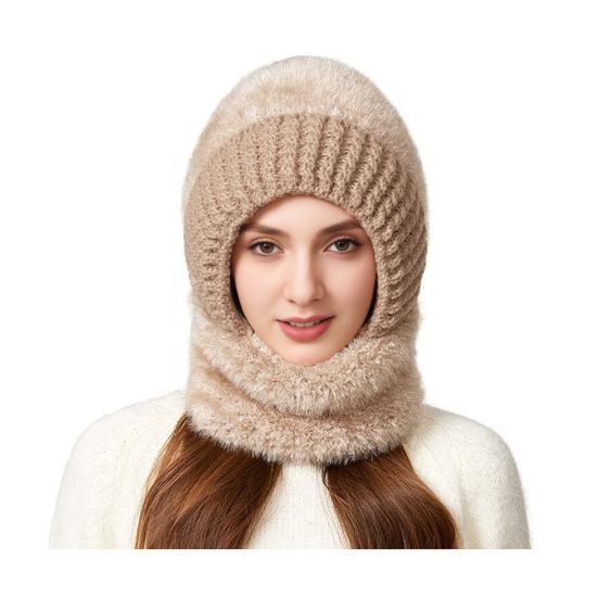 Yousheng Riding Headgear 3 in 1 Hat Scarf Face Guard Solid Color Plush Ball Decor Thickened Warm Windproof Winter Hat