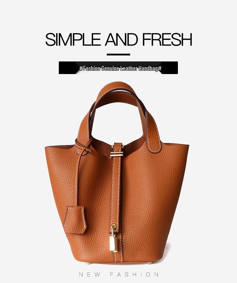 Women's Genuine Leather Bucket Handbag - Large Capacity, High-End Cowhide Veggie Basket Style