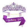 49MD 2pcs Birthday Party Crystal Tiaras and Sash Set for Women Fashion Hair Accessory
