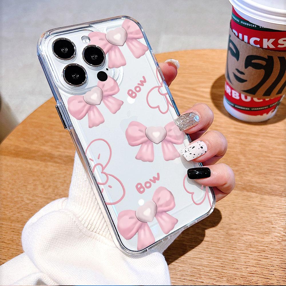 Pink Bows with Heart Center lucency Phone Case for IPhone 14 15 16 13 12 11 17 Pro Max 12 13 Mini Soft Cover