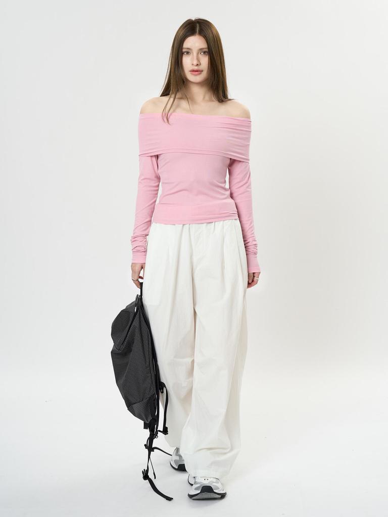 Louvre Spring Korean Style One-Shoulder Slim Fit Casual Top for Women