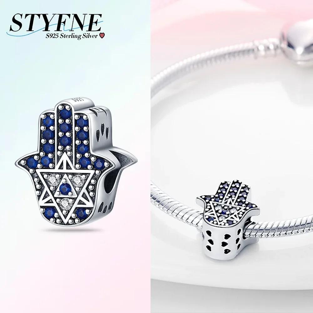 Original 925 Silver Blue Heart Demon Eye Pendant Fatima Hand Charm Bead Bracelet Women Jewelry Religion Gift