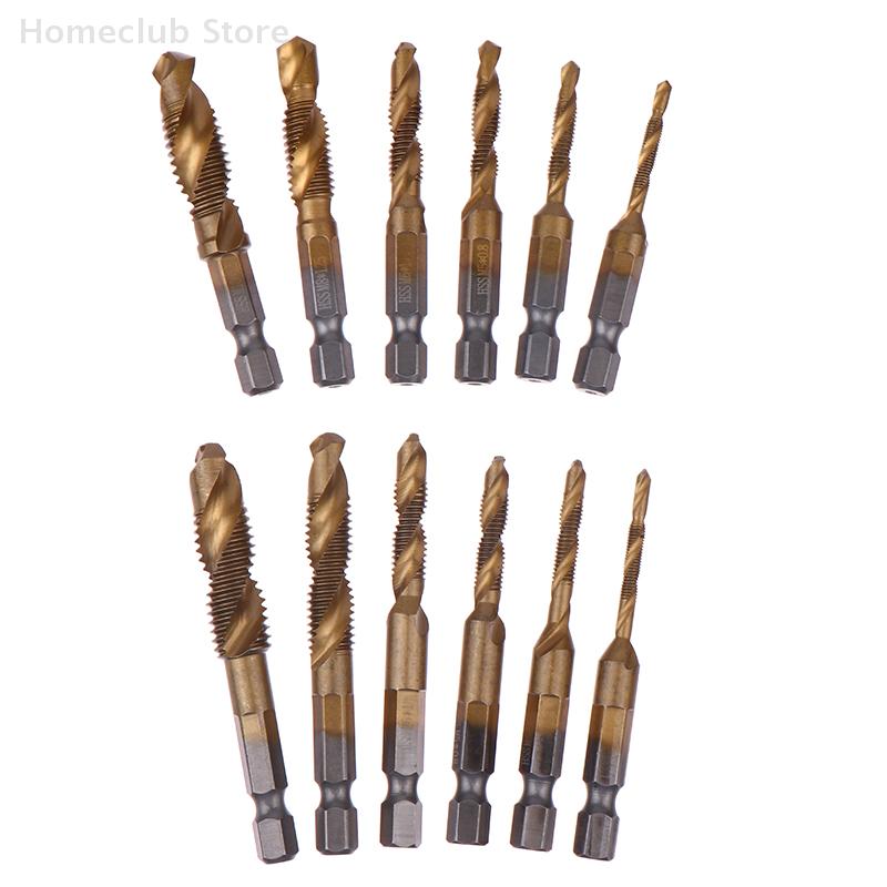 6Pcs Compound Metric Tap Drill Bits Screw Thread Hex Shank Machine Titanium HSS Tap Bit Tool For Metal Steel Wood Plastic