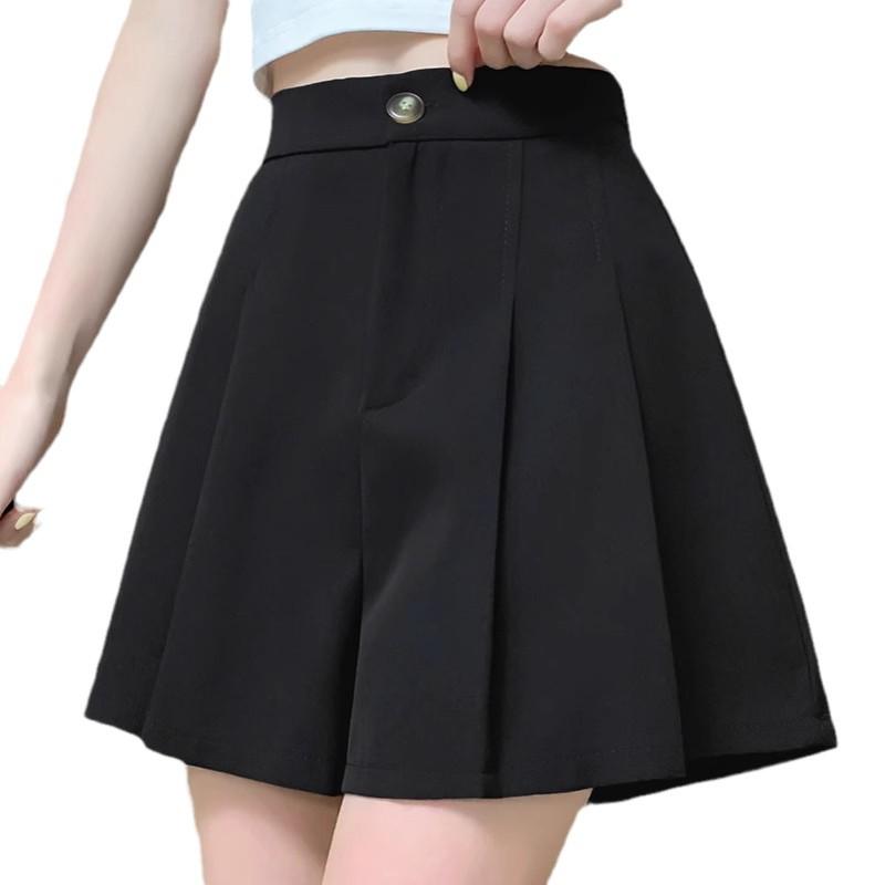 Women's High Waist Pleated A-Line Wide-Leg Shorts - Large Size, Black, Summer Versatile Skirt-Style Pants