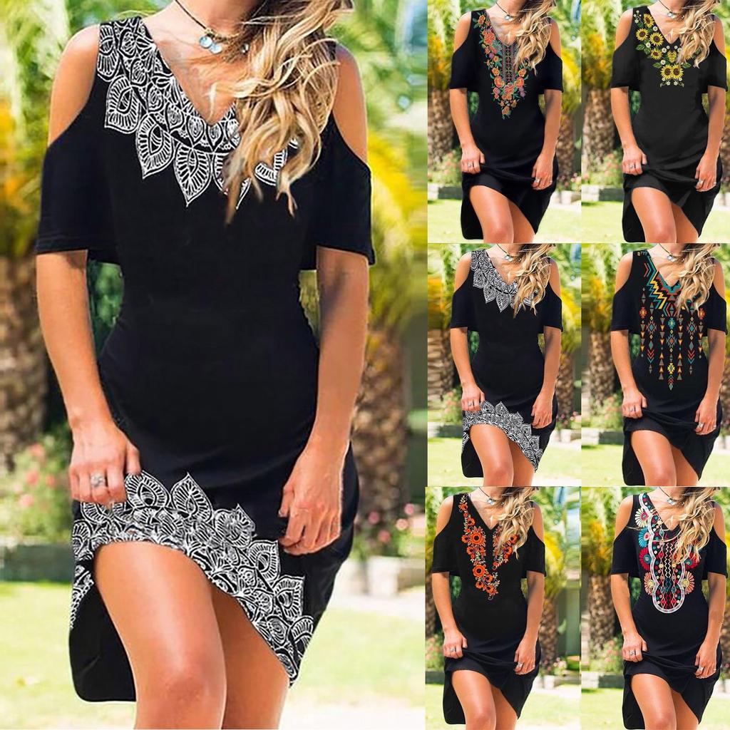 Damen Sommer trägerloses sexy bedrucktes Kleid Kurzarmkleid mit V-Ausschnitt