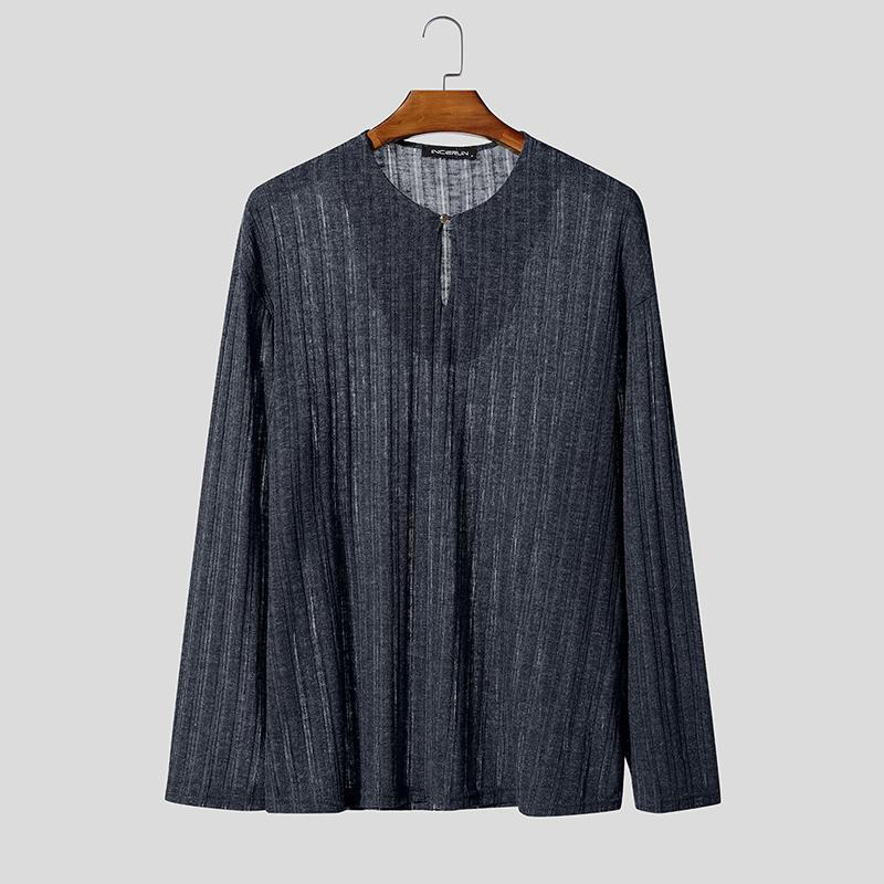INCERUN Men Crew Neck Long Sleeve Semi-Sheer Thin Casual Tops T-shirts