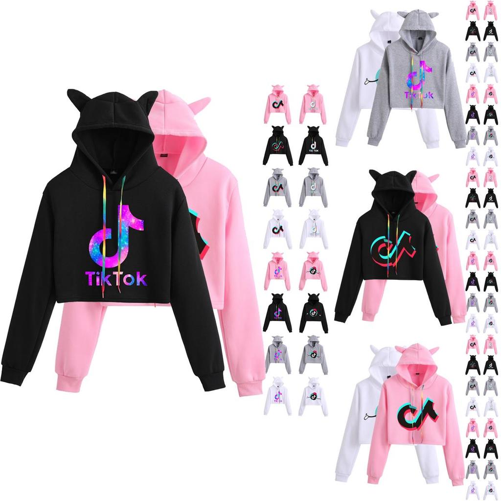 Women Tok Tik Short Pullover Hoodie Spring Autumn Sweatshirt Jumper Tops Crop