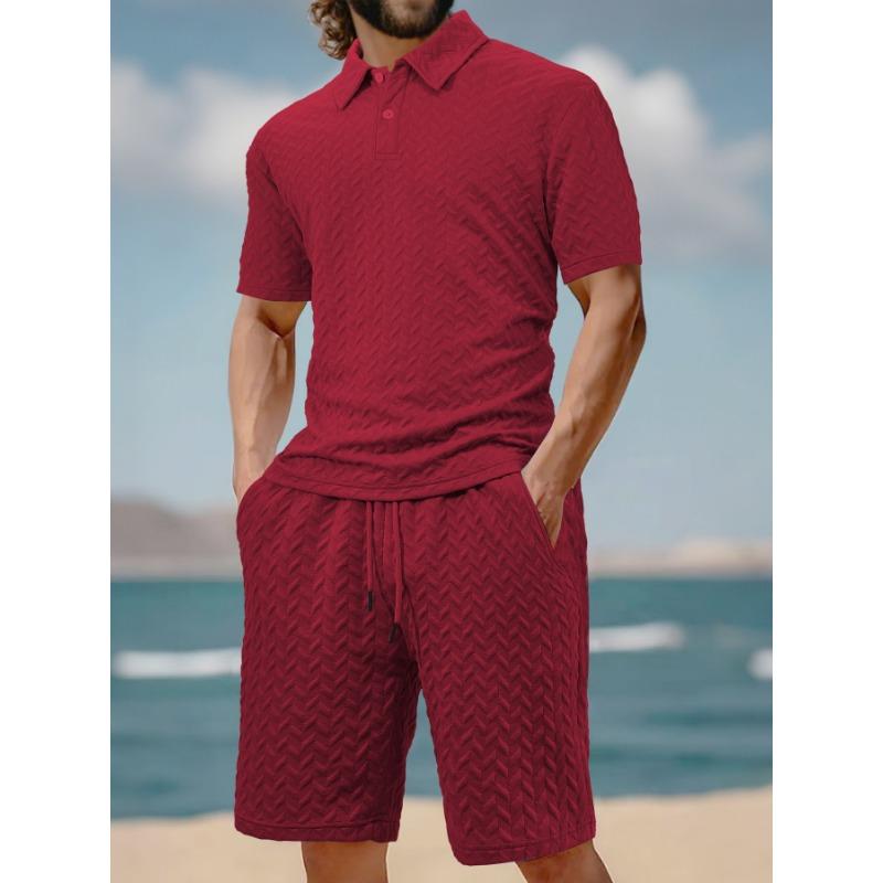 Mens Summer Jacquard Polo T Shirt And Shorts Casual Set