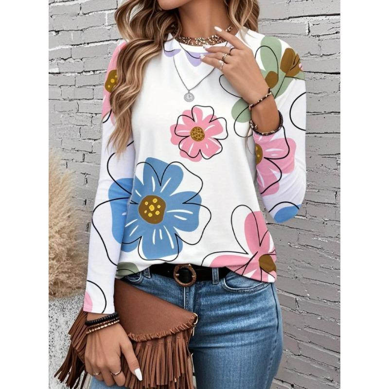 Women's T-shirts 3D Small Fresh Floral Print Fashion Long Sleeve Round Neck Regular Top Holiday Weekend Spring and Autumn