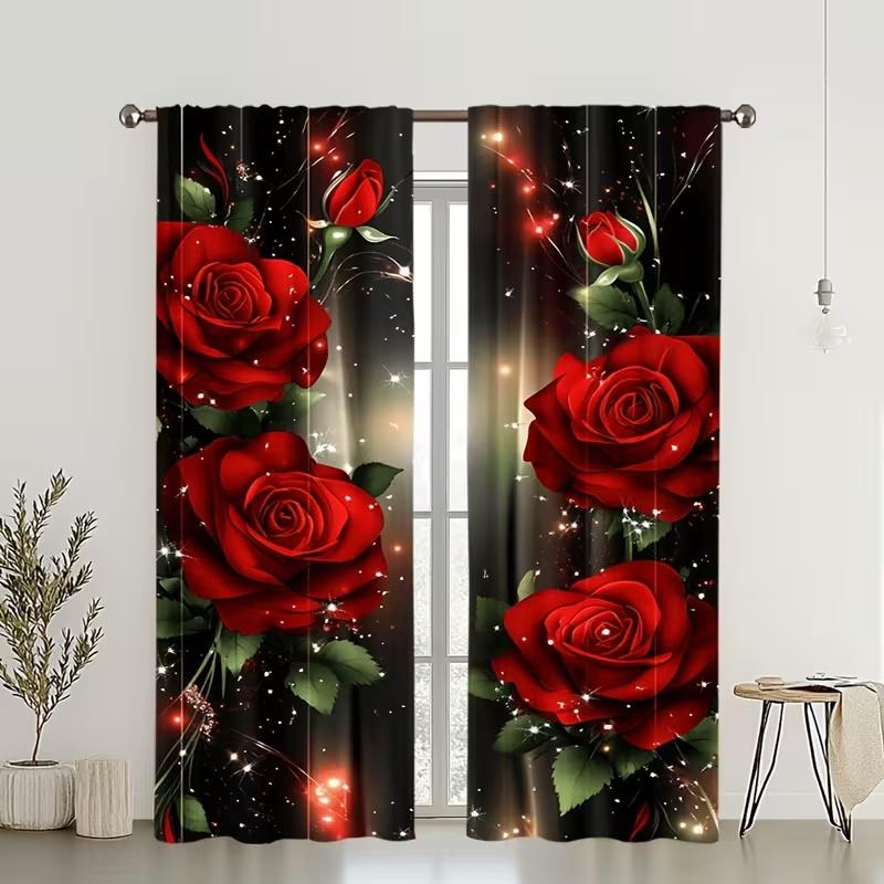 2 Pcs Diamond Rose Print Curtains,suitable for Bedroom,living Room Kitchen Decoration,home Decoration,window Decoration