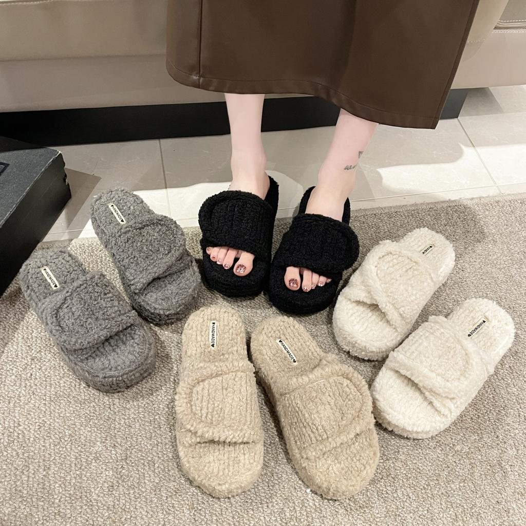 Fashion Thick-soled Fur Slippers for Women, Warm and Velvet-strap Lamb Plush Cotton Slippers