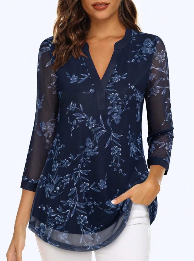 Women's European & American V-neck 3/4 Sleeve Printed Chiffon Loose Plus Size Top