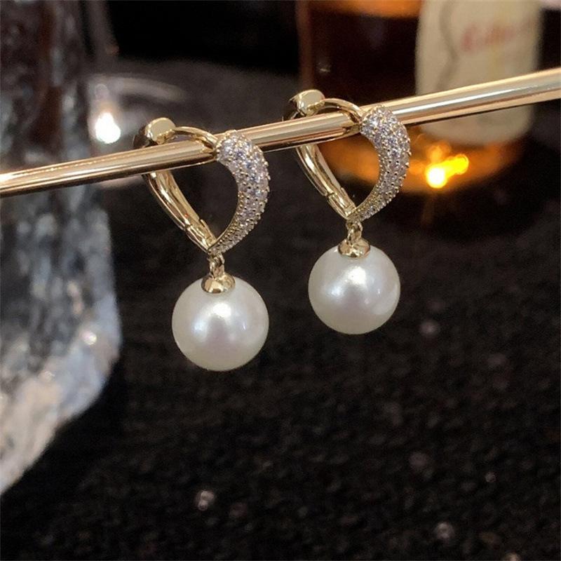 Light Luxury High-End Pearl Earrings, Love Inlaid Zirconium Ear Buckle Earrings, Celebrity Party Earrings For Women