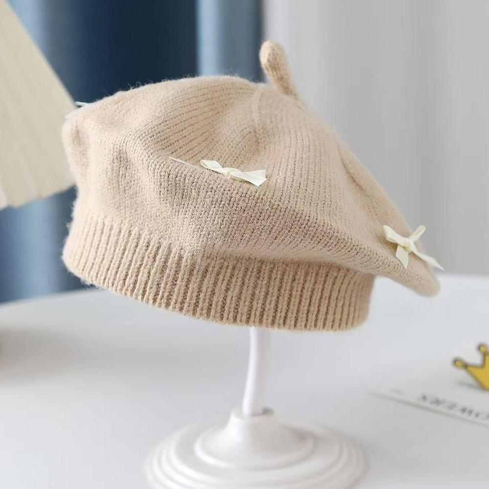 Cotton Girls Painter Cap Bowknot Decoration Toddler Warm Beanie Fashion Bow Knit Headwear Girl