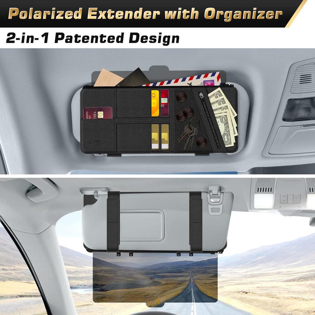 Polarized Sun Visor For Car With Organizer, Upgraded Adjustable Visor Extension, Handmade PU Leather Universal Sun Visor Extender Protects From Sun