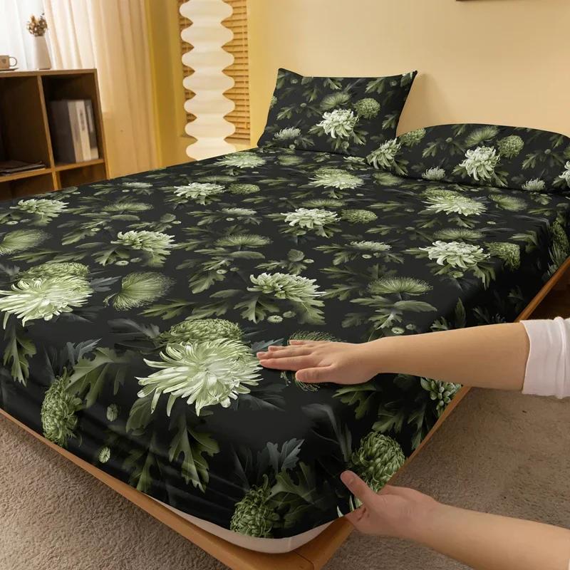 Simple 1 Modern Plant Flower Printed Matte Fitted Sheet, Bedroom Printed Bed Cover, Bedding Excluding Pillowcases