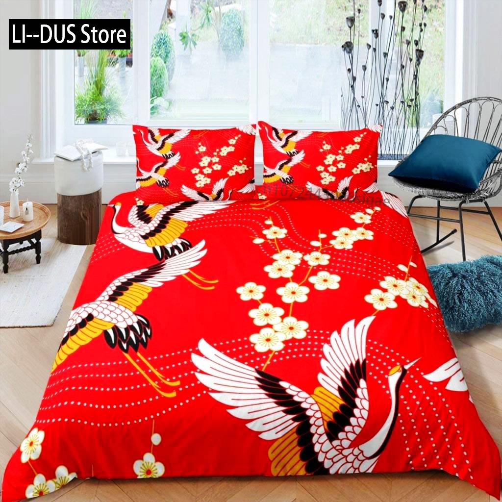 Comforter Crane Queen Size Japanese-Style Bedding Set Cherry Blossoms Pattern Women Girls Japanese Traditional