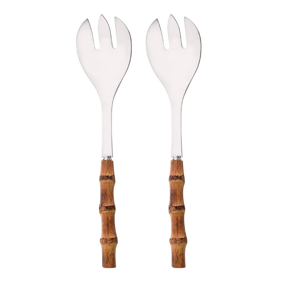 2Pcs Silver Dinnerware Cutlery 304 Stainless Steel Wood Bamboo Handle Food Serving Salad Spork Server Fork Spoon Tableware Set