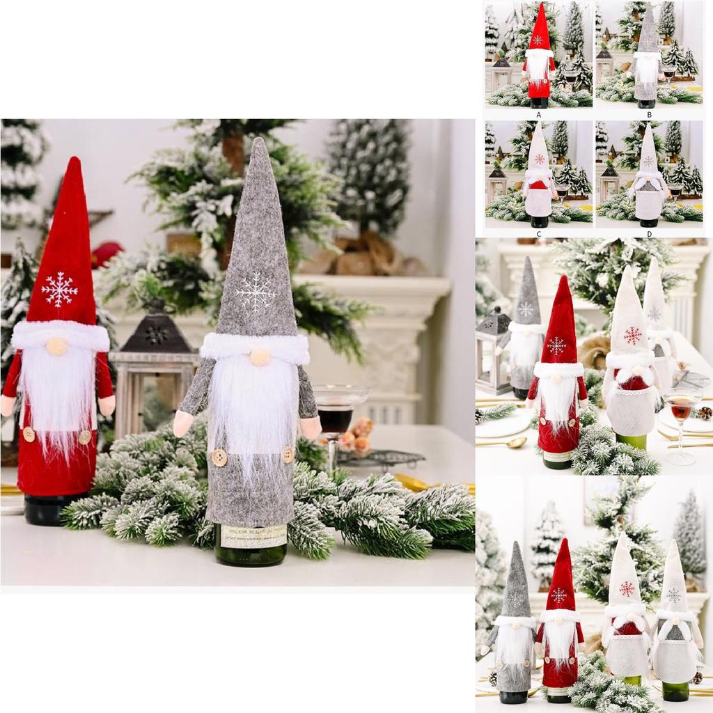 Festive Christmas Wine Bottle Covers Featuring Charming No-face Old Man Design In Red And Gray