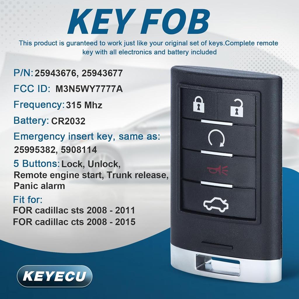 Keyecu Replacement Smart Remote Key Fob 5 Button for Cadillac STS CTS 2008-2013