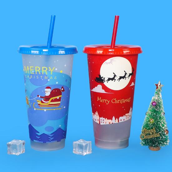 710ml Straw Cup with Lid Single-layer Christmas Magical Color Changing on Cold Cup for Trip