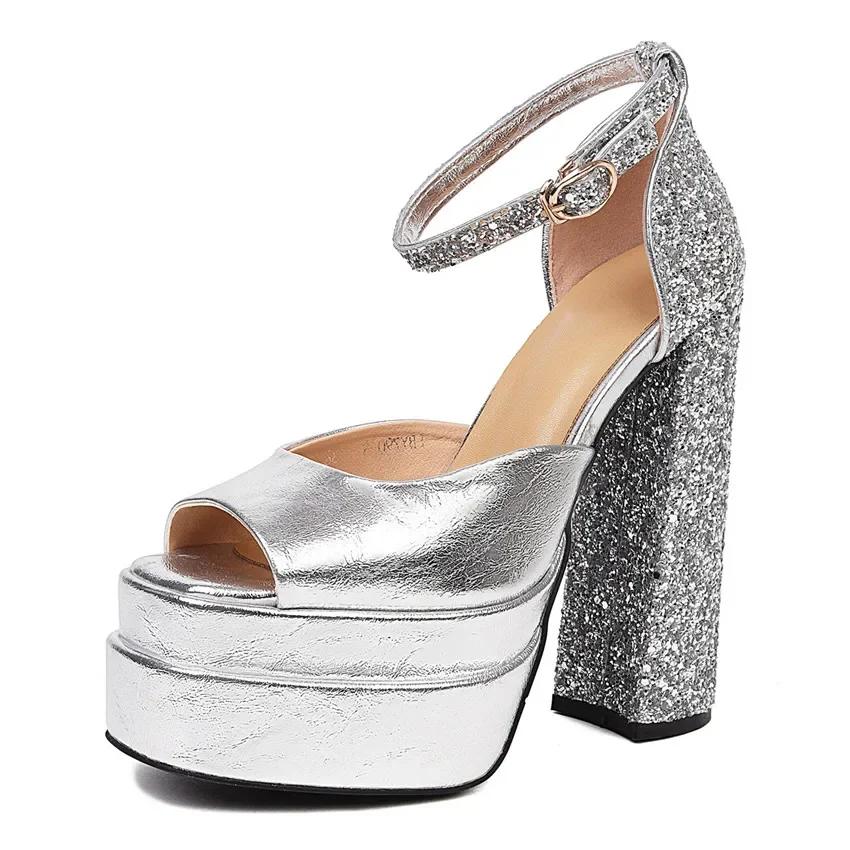 Elegante Hochzeitsfeier Club Damen Plateau Sandalen Hohe Dicke Absätze Rosa Rosig Bling Mikrofaser Patchwork Sommer Knöchelriemchen Schuhe