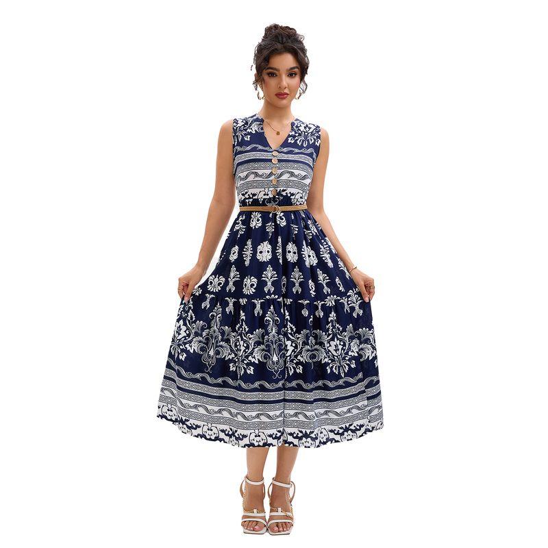 

Bohemian New V-neck Single-Breasted Rayon Printing A Word Sleeveless Mid-Length Dress Belt Holiday Style Navy blue XL