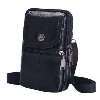 Men Cowhide Leather Phone Shoulder Bags Solid Color Zipper Crossbody Bag