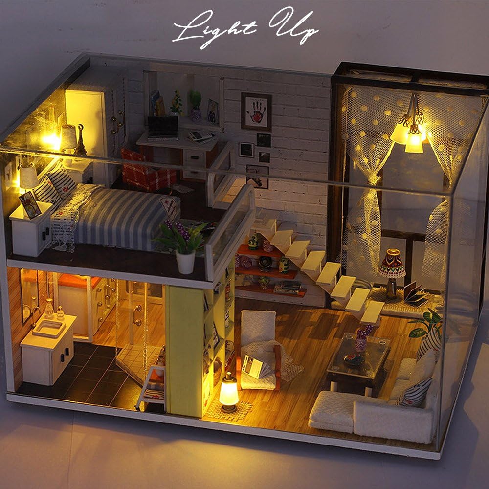 Caro Dollhouse Miniature DIY Kit Modern Two-Story House with LED Light and Acrylic Case Interior Model Room