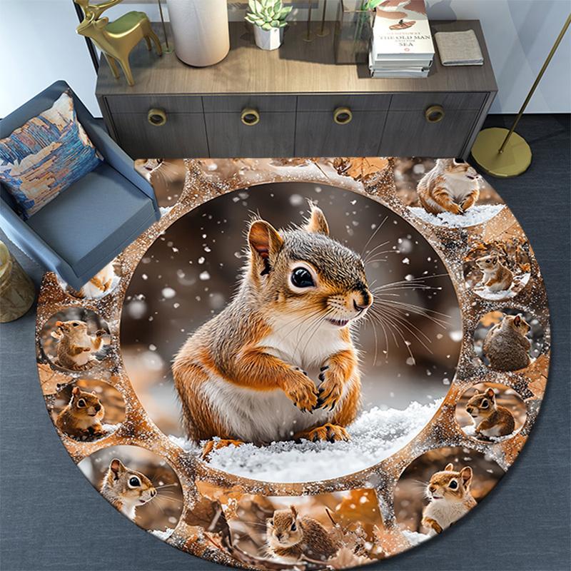 Squirrel Round Area Rug,Carpet Rug for Living Room Bedroom Sofa Playroom Decor,Non-slip Floor Mat