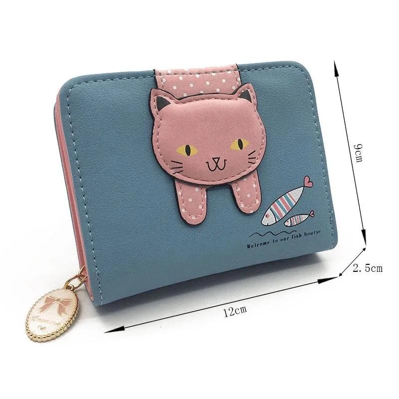 Women's Wallet Short Card Holder Bag Cute Zipper Cartoon Cat Eating Fish Print Student Wallet Coin Purse Girls Wallet