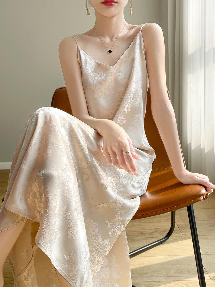 Damen Chinesischer Stil Satin Jacquard Maxikleid mit Spaghettiträgern