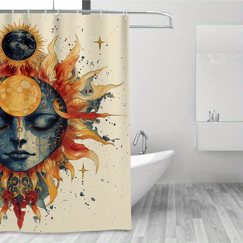 1Pc Two Suns & Moon Shower Curtain - Vibrant Cartoon Art, 71X71 Inch, Polyester, 12 Hooks, Hand Wash, Summer Bathroom Decor