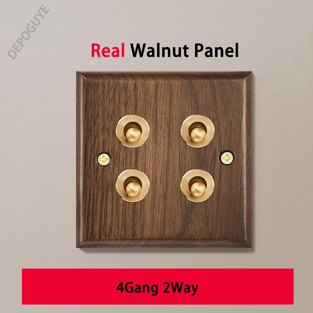 Black Retro Walnut Wall Toggle Switch Panel 1-4Gang 2Way Solid Wood Double EU/FR Socket Universal Usb C Electrical Power Outlet