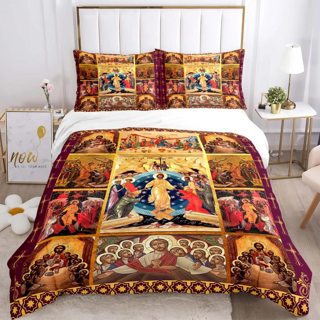 Bettwäscheset mit der Jungfrau Maria und Jesus, Halloween-Horrorfilm, Bettbezüge, Kinderbettwäsche, Dekor, Bettwäsche mit Kissenbezug, kein Laken, 3-teilig