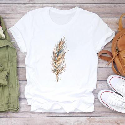 (Asian Size) Women Feather Watercolor 90s Trend Cute Print Lady Tee Top Clothing Casual Short Sleeve Fashion Tshirt  Female Graphic T-shirt