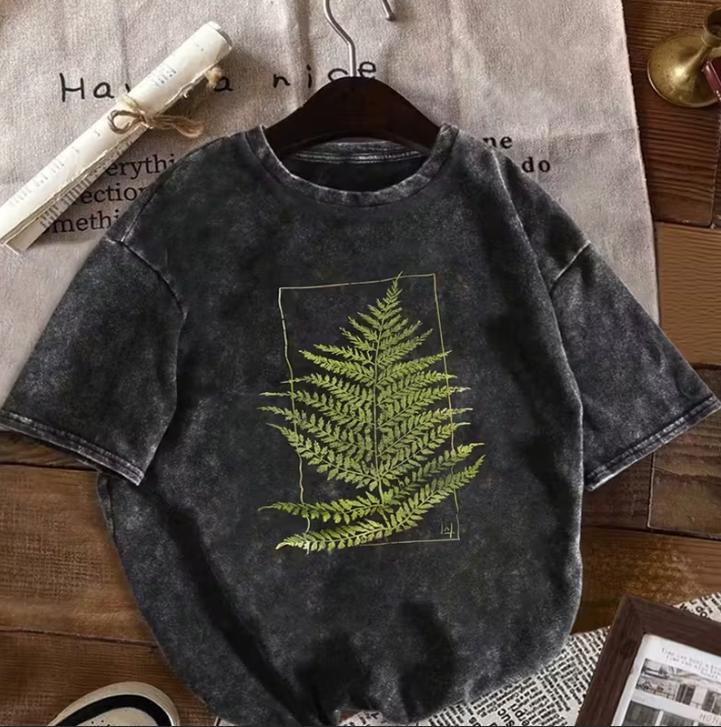

Summer and Spring Pattern Printed Retro Washed Tshirt Short Sleeve Round Neck Casual Top Retro Outdated Tshirt S