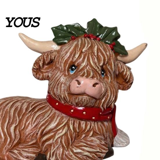 Winter Window Sill Accents 2Pcs Christmas Highland Cow Figurine, Resin Yak Statue with Red Gift for Lovers Scarf, Cute Animal Desktop Ornaments