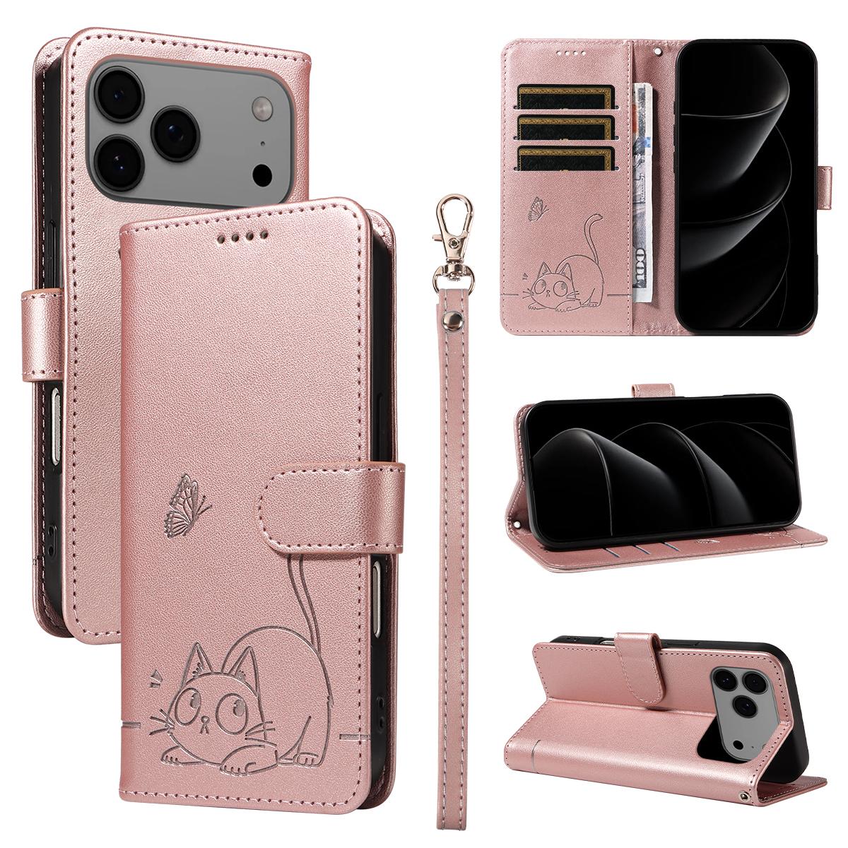 

For iPhone 17 Pro Max Case Cat Pattern Imprint Leather Phone Cover with Wrist Strap Rose Gold