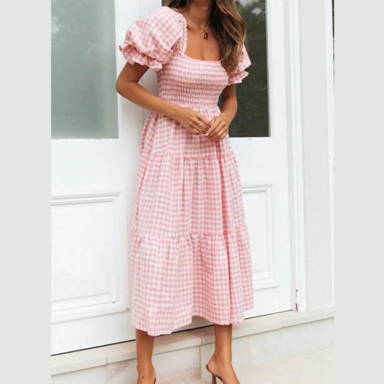 Damen Kleid Karomuster Puffärmel Eckiger Ausschnitt Hohe Taille Sommer Swing Kleid