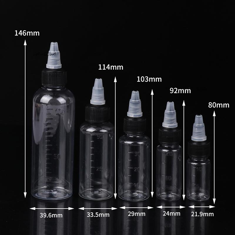 Refillable Hair Dye Bottle 10/20/30/50/100ml Twist Top Cap Squeeze Container with Graduated Scale for Tattoo Ink Pigment