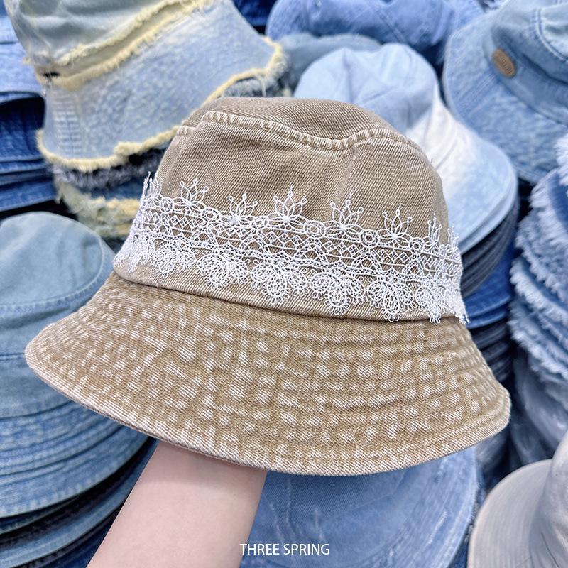 

Washed Denim Hat Women Spring Summer Bucket Hat Sunshade Wide Brim Lace Design Retro Flat Top Bucket Cap Casual Foldable New 56-58cm хаки
