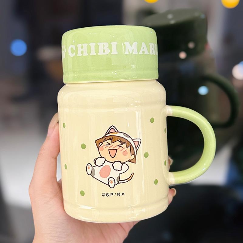 Niedlicher Cartoon Chibi Maruko-chan Becher mit Deckel Mädchen Tasse Studentenwohnheim Milchbecher Souvenir 420ml