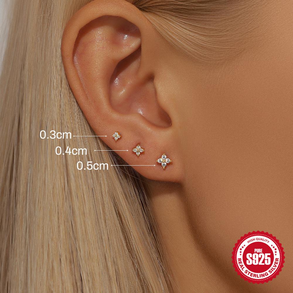 S925 Sterling Silver Delicate Four-Petal Flower Five-Petal Flower Flat Bottom Piercing Thread 5.6.8 Mm Bar Piercing Earrings Set