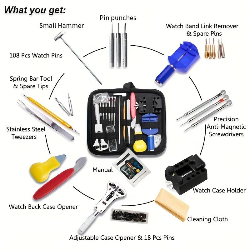 147PCS Watchmaker Watch Repair Repairing Tools Kit Case RemoverOpener Bar Set Watch Spring Pin Bars and Back Case Opener Screw
