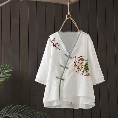Geborduurd retro overhemd met V-hals Zomerblouse voor dames met knopen