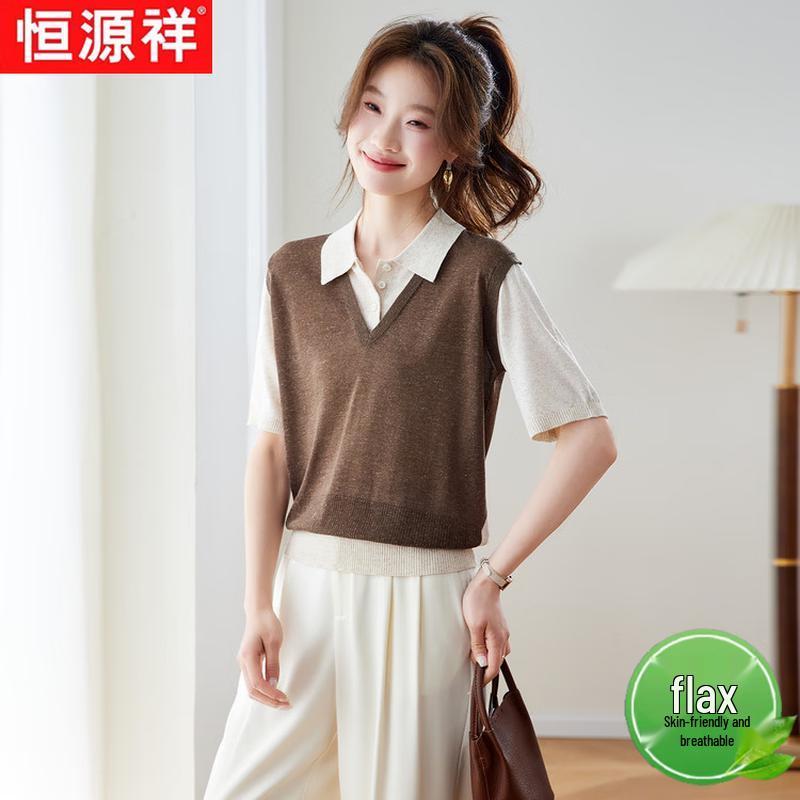 Hengyuanxiang Women s Summer Patchwork Polo Top 2XL
