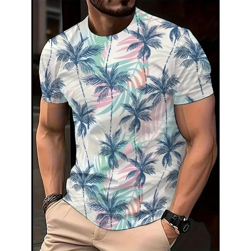 Men's Hawaiian Tropical Flower Print T-shirt Sports Short Sleeved Crew Neck T-shirt for Summer Outdoor Fitness Workout Men's Clothing